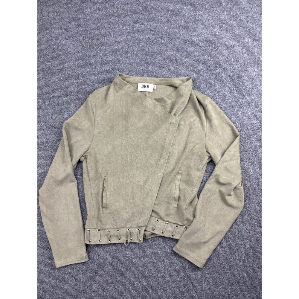 BKE Faux Suede Jacket Women's Medium Taupe Moto Laced Detail Pockets Open Front
